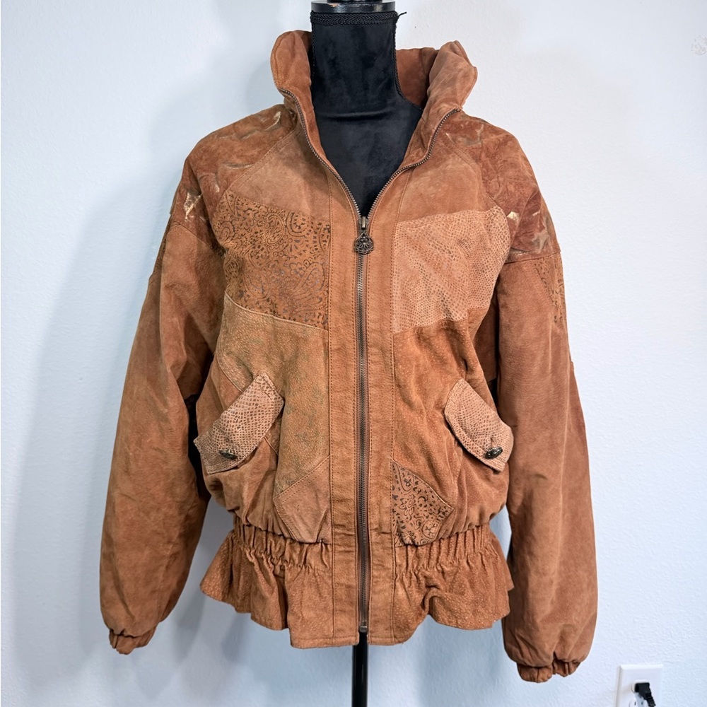 Vintage Winlit Leather Suede Bomber Jacket with Patchwork